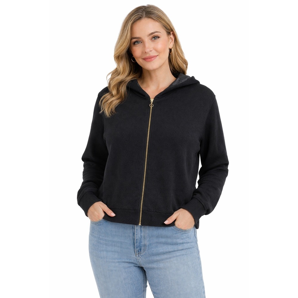 St John Sport Marie Gray Black Wool Knit Zip Up Hoodie Sweater‎ Satin Lined M